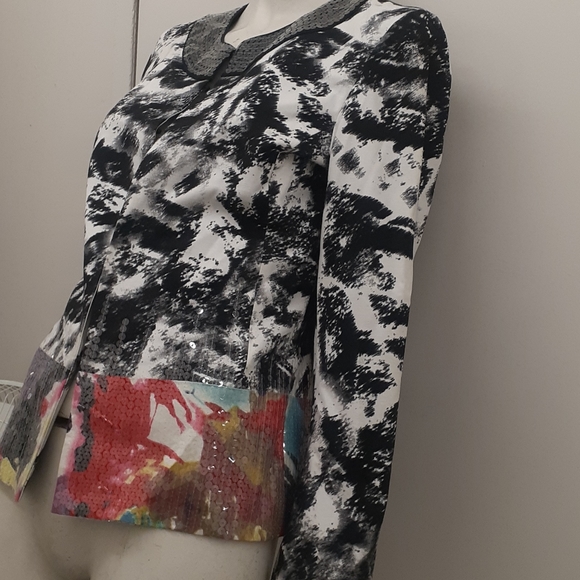 Chico Black white Geisha Face Blazer Sequined Jacket M L - Picture 4 of 7